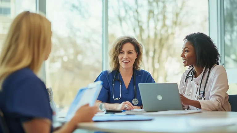 Nurse leaders reviewing healthcare leadership training materials in a hospital meeting