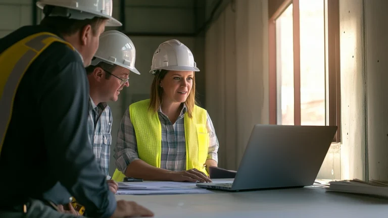 Construction project managers reviewing training for career growth in a site office