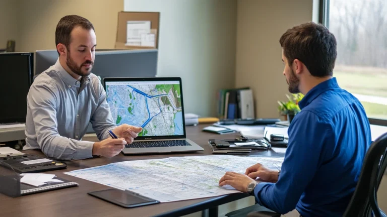 Water resources engineers reviewing sustainable engineering solutions on maps and diagrams
