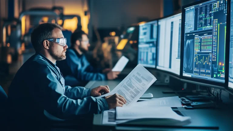 Power plant operators reviewing a complete guide to operations training