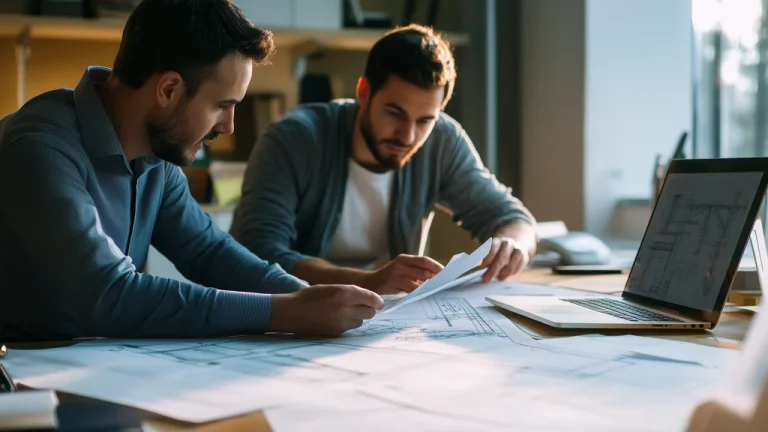 Electrical engineers reviewing a transmission line design guide in an office