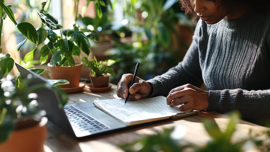 Gardener using an essential guide to technical report writing at a nursery desk