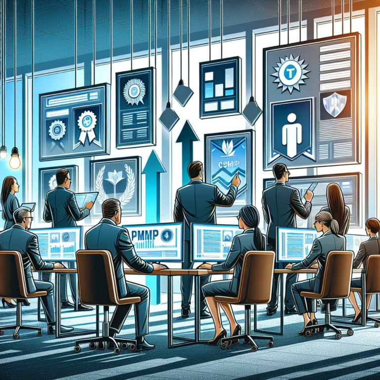 IT management certifications displayed on monitors with professionals collaborating in modern office