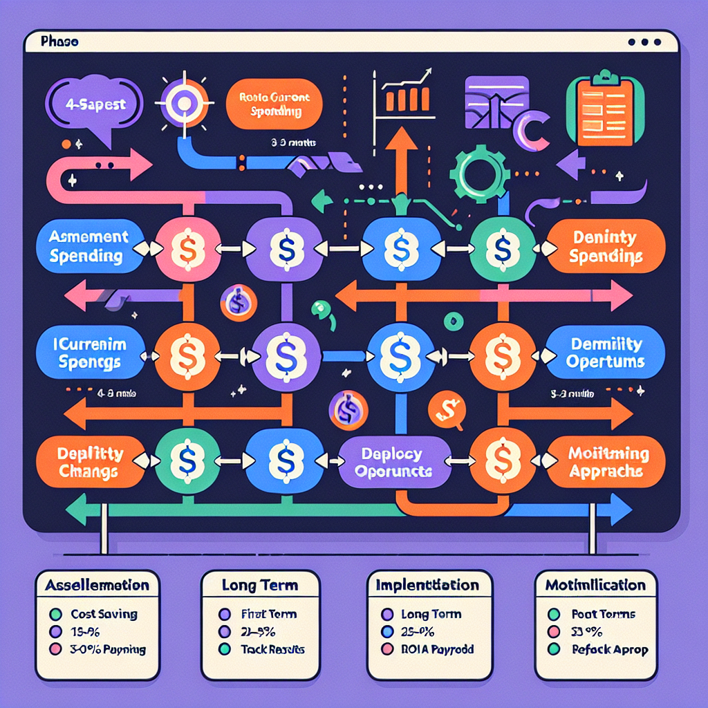 Cost Control Implementation Roadmap - 5-phase strategy showing Assessment, Planning, Implementation, Monitoring, and Optimization with expected benefits and ROI