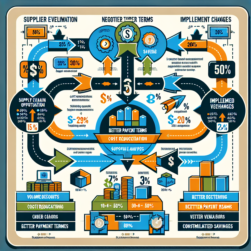 Supply Chain Optimization Strategy - 3-stage process showing supplier evaluation, negotiation, and implementation with cost reduction percentages