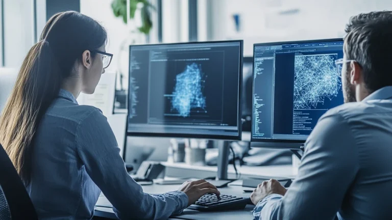 Data scientists reviewing deep learning benefits for complex data analysis