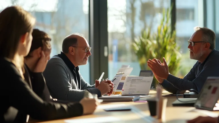 Senior delivery leads reviewing programme management courses in a boardroom