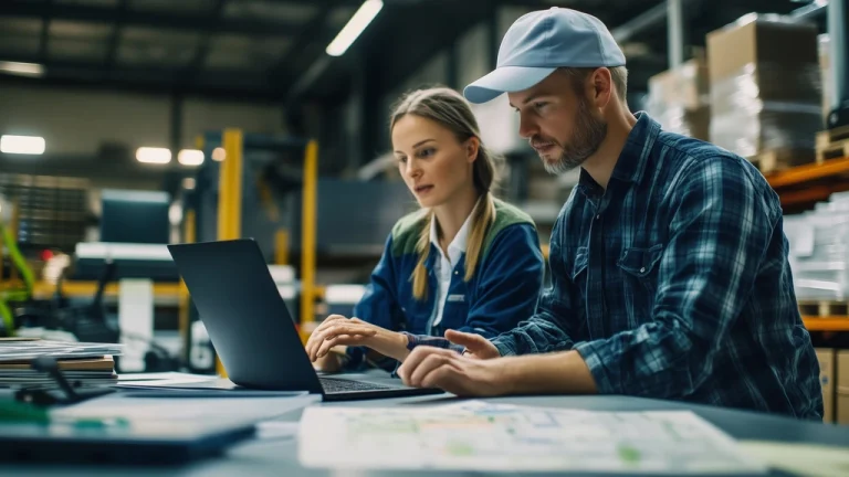 Logistics managers reviewing a supply chain management guide in a warehouse office