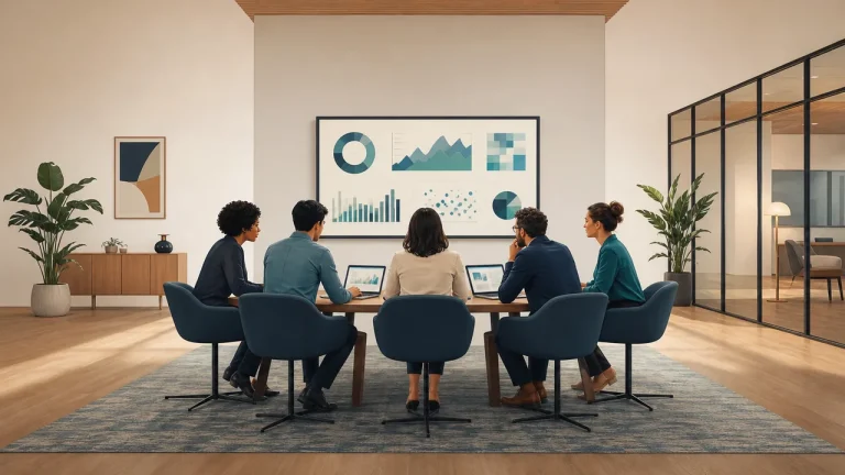 Cross-functional team reviewing AI-supported operational insights and business outcomes