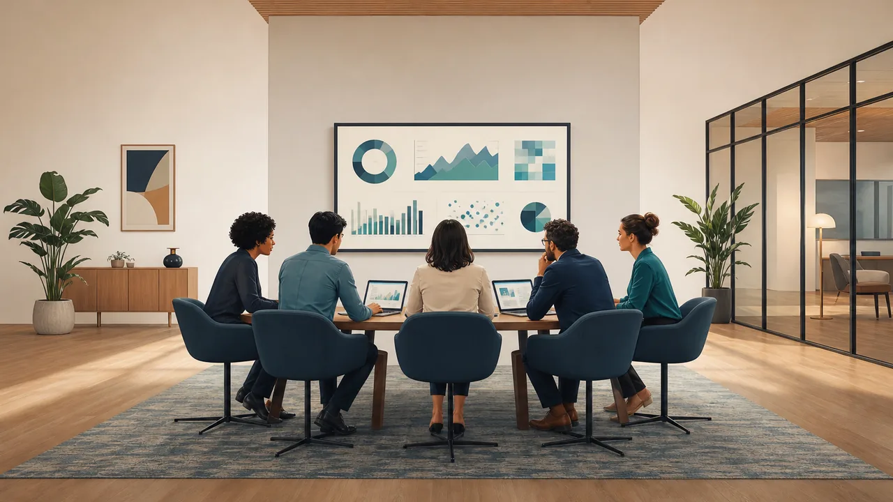 Cross-functional team reviewing AI-supported operational insights and business outcomes