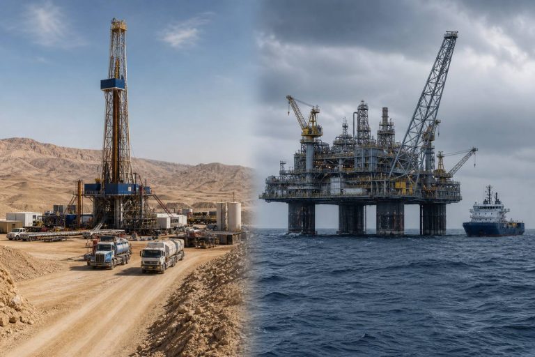 Comparison table of onshore and offshore oil and gas across location, equipment, cost, HSE, crew rotation and logistics