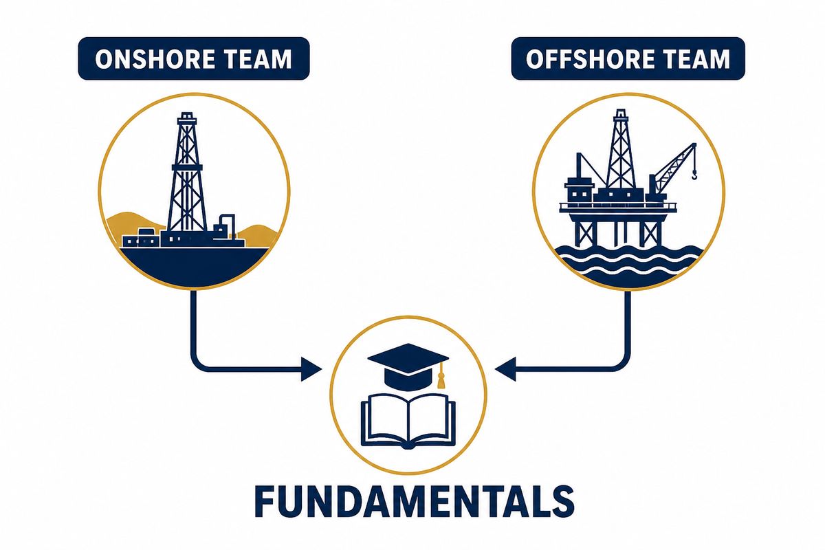 Decision map showing which five-day oil and gas course fits onshore versus offshore operations teams