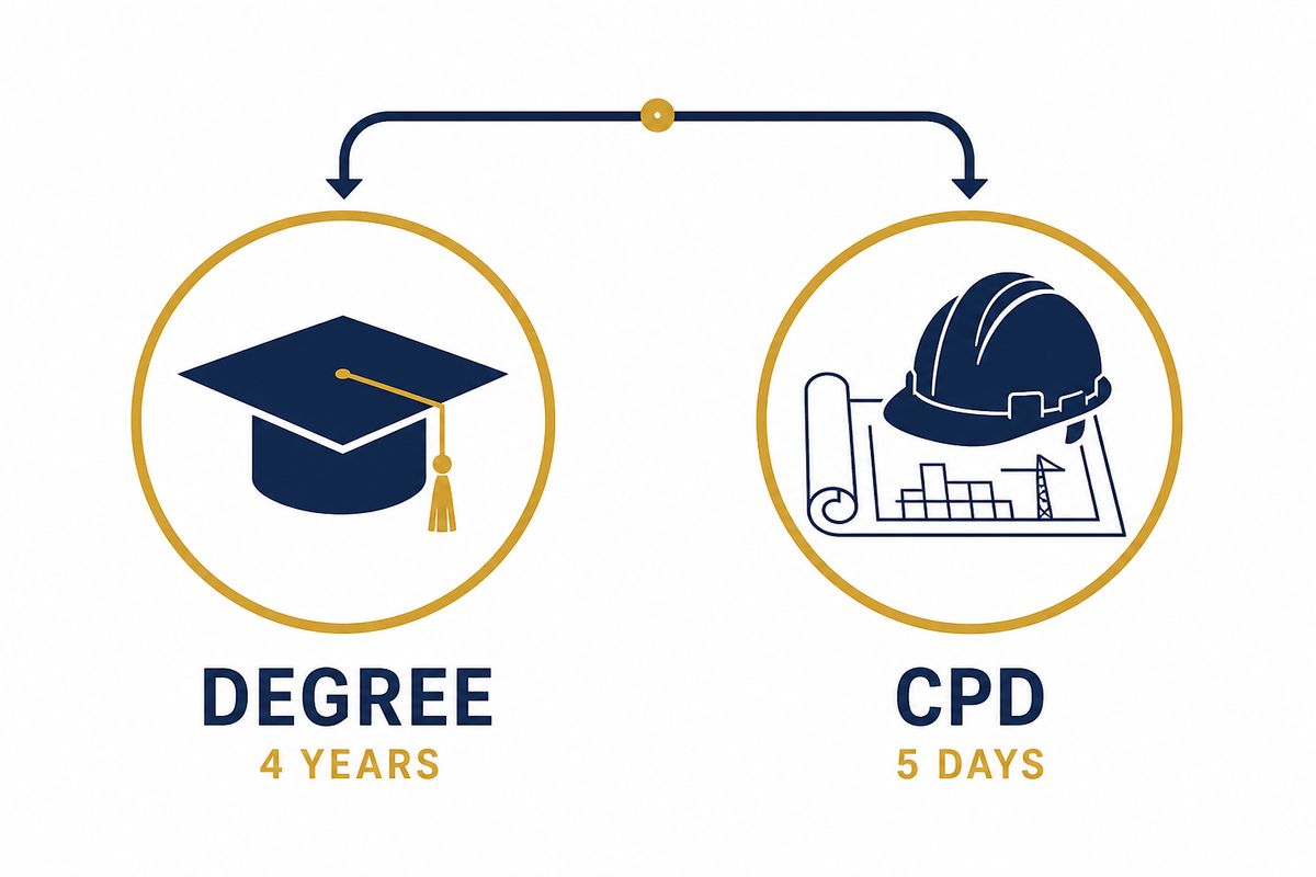 Decision chart for managers choosing a four-year civil engineering degree or a five-day CPD course
