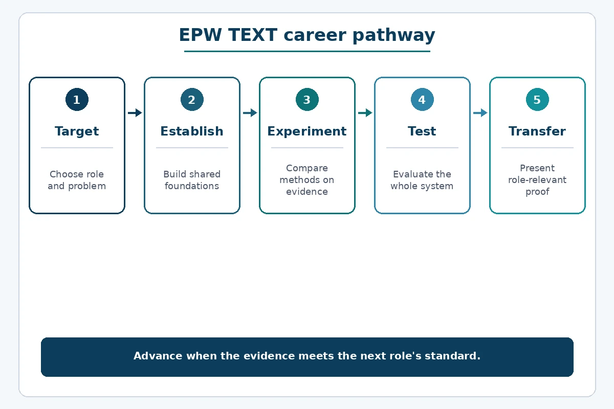 Five-stage EPW TEXT pathway from selecting an NLP role to presenting professional evidence