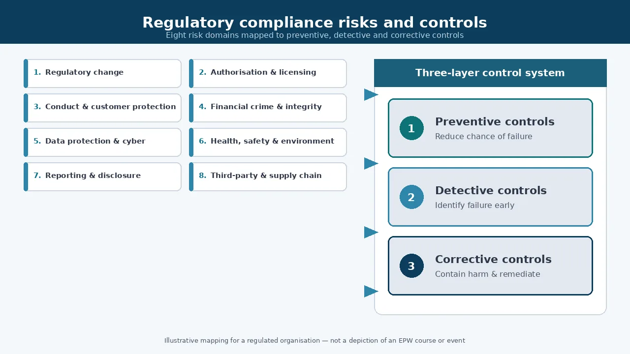 Compliance team mapping regulatory risk categories to preventive, detective and corrective controls