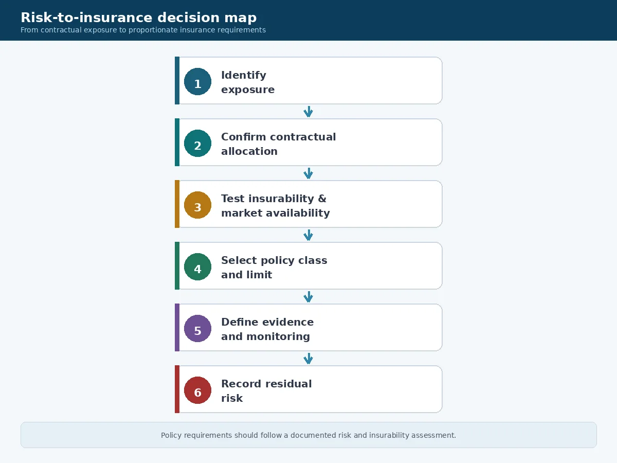 Decision map linking contractual exposure to proportionate insurance requirements