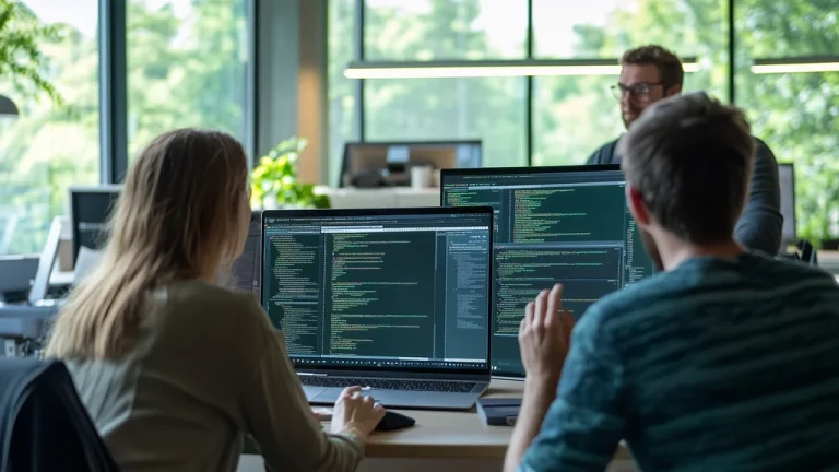 Engineers comparing MLOps model deployment and DevOps CI CD pipelines in a tech office
