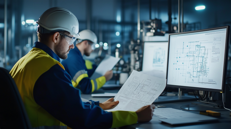 Gas processing engineers reviewing conditioning process diagrams in a plant control room