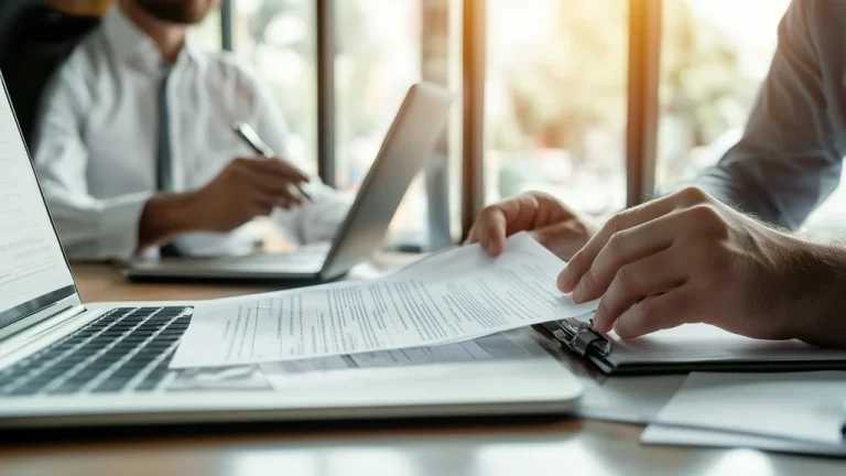 Contract managers reviewing commercial insurance requirements in an office