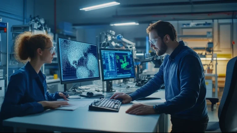 Engineers comparing computer vision and image recognition results on lab monitors