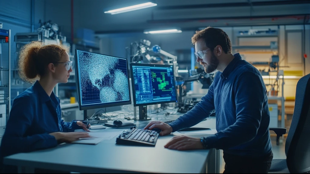 Engineers comparing computer vision and image recognition results on lab monitors