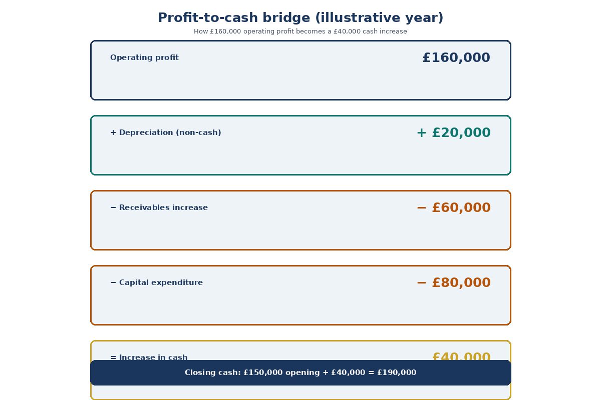 Illustrative bridge from GBP160000 operating profit to a GBP40000 cash increase