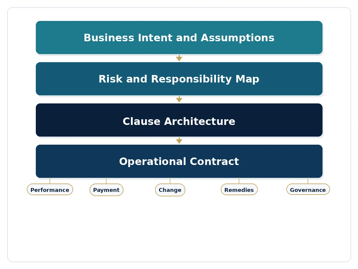 Contract drafting architecture connecting business intent, risk allocation, clause design and operational controls