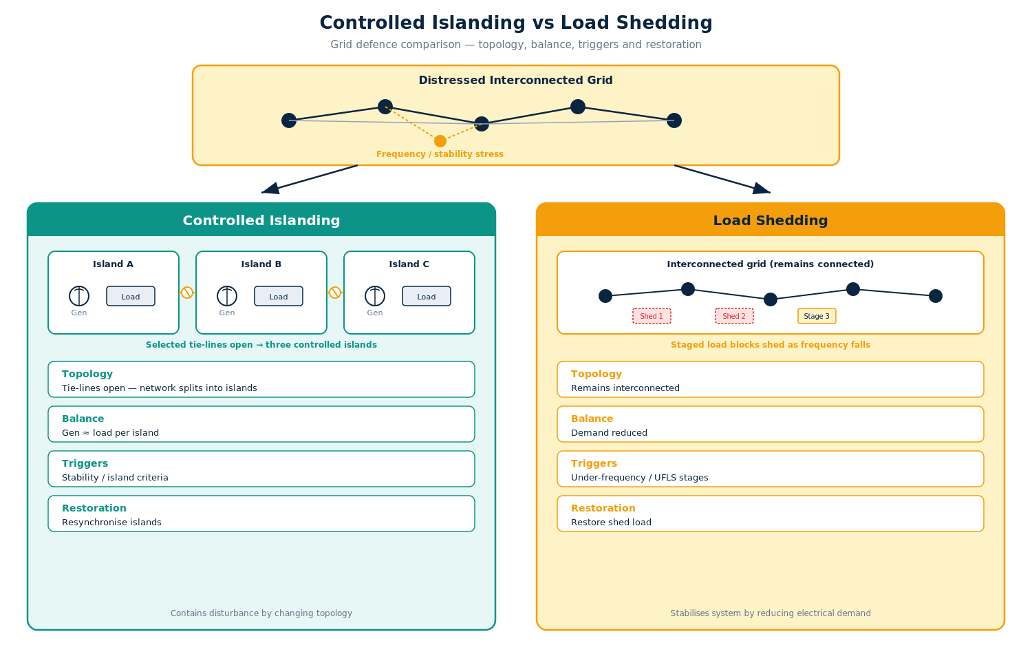 Diagram comparing controlled islanding with staged load shedding.