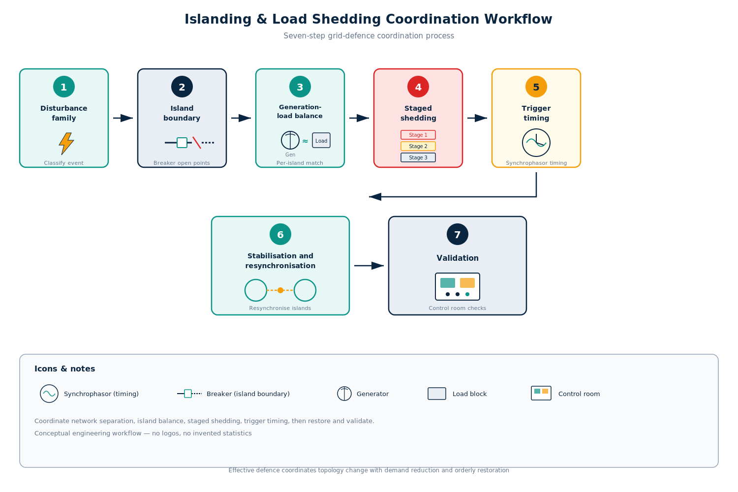 Seven-step workflow coordinating controlled islanding and load shedding.