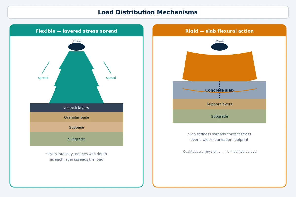 Load distribution mechanisms in flexible and rigid pavements