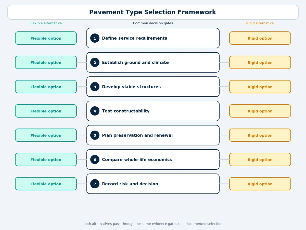 Decision framework for selecting flexible or rigid pavement