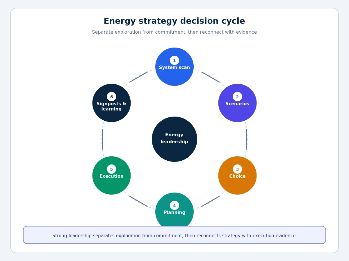 Energy strategy cycle moving from system scan and scenarios to choice, planning, execution, signposts and learning