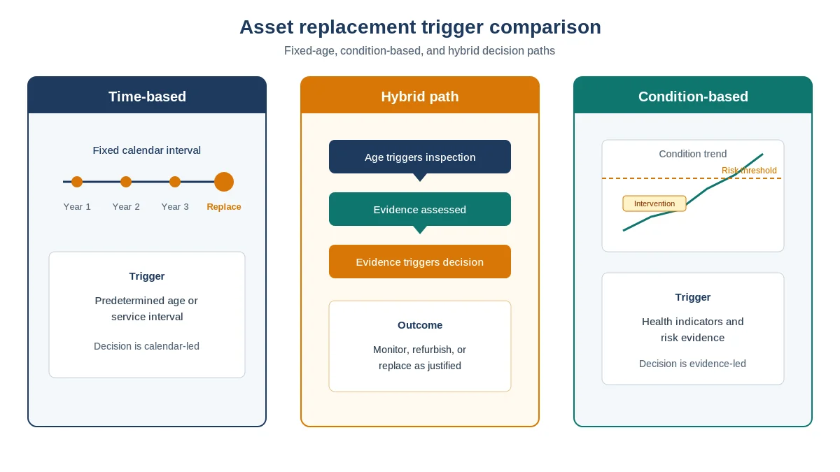 Comparison of fixed-age, condition-based and hybrid asset replacement triggers