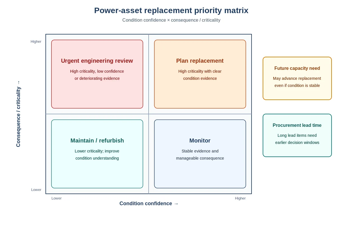 Power-asset replacement priority matrix using condition confidence and criticality