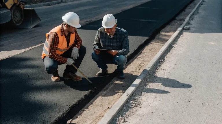 Two civil engineers in hard hats crouching on a road site to inspect a new asphalt surface beside a concrete section
