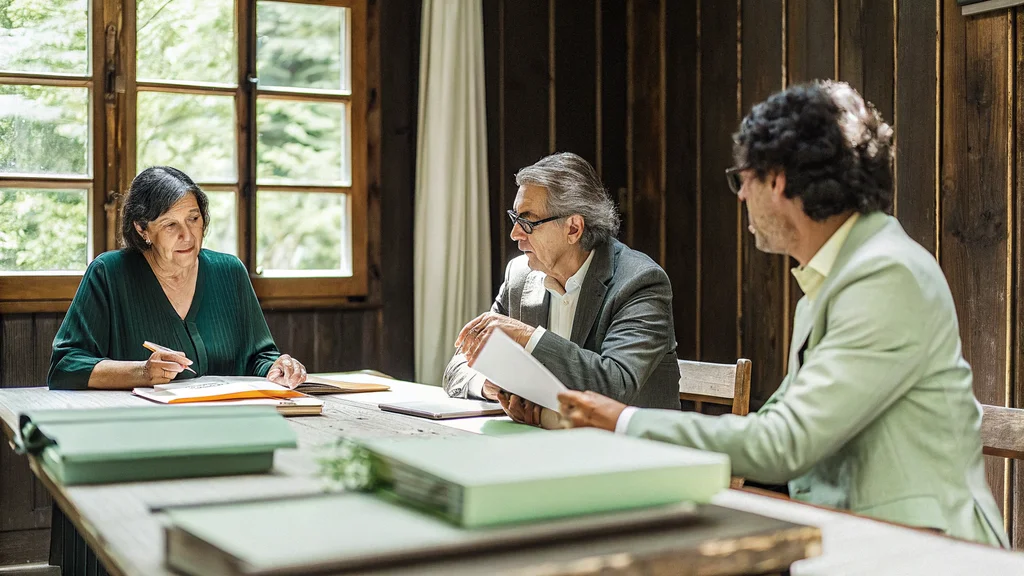 Three board directors discussing an ethics and governance matter around a wooden table with board papers