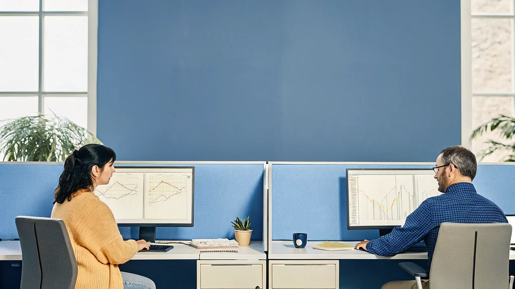 Two data scientists at their workstations reviewing abstract charts while working on a recommendation system