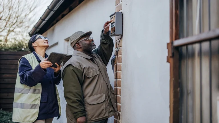 Utility engineers checking a smart meter on a house wall as part of an advanced metering infrastructure rollout