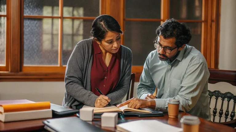 Two lawyers reviewing and annotating a draft agreement together, illustrating advanced contract drafting