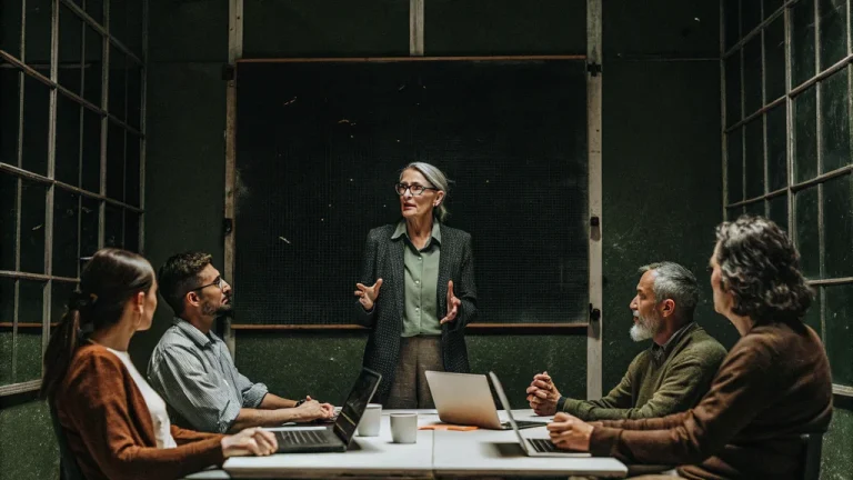 Executive leading a team discussion around a meeting table, illustrating how executive leadership drives business results