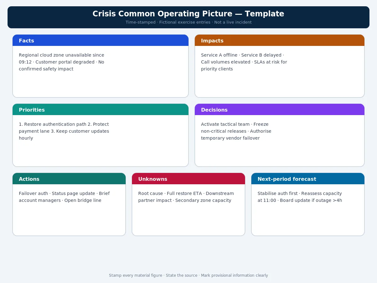 Crisis common operating picture with facts impacts decisions actions and unknowns