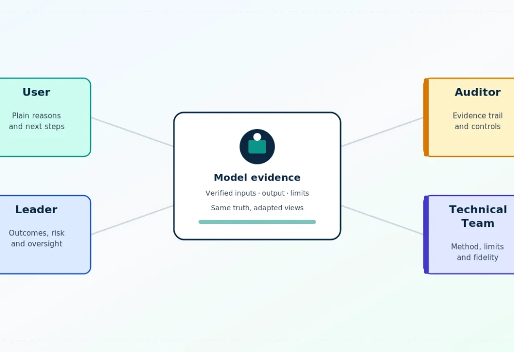 One machine learning model explained differently to users, leaders, auditors and technical teams
