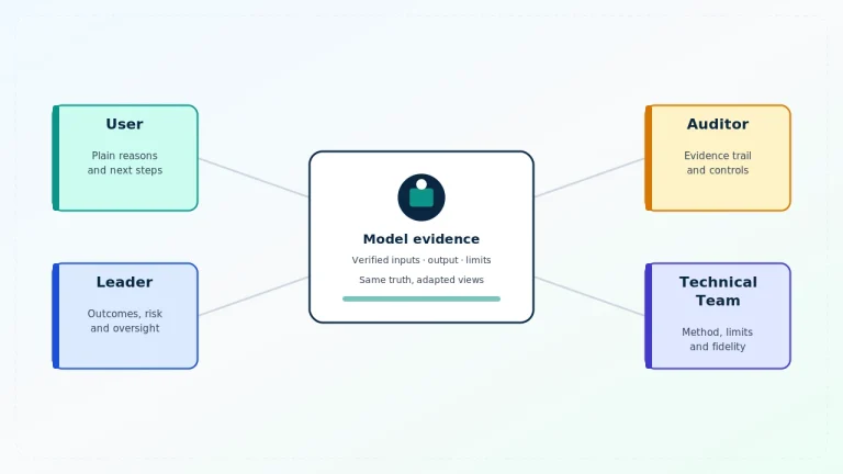 One machine learning model explained differently to users, leaders, auditors and technical teams