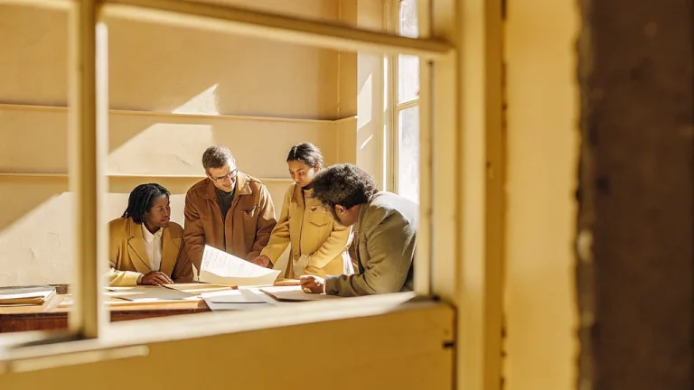 Project managers reviewing contract documents together in a commercial office