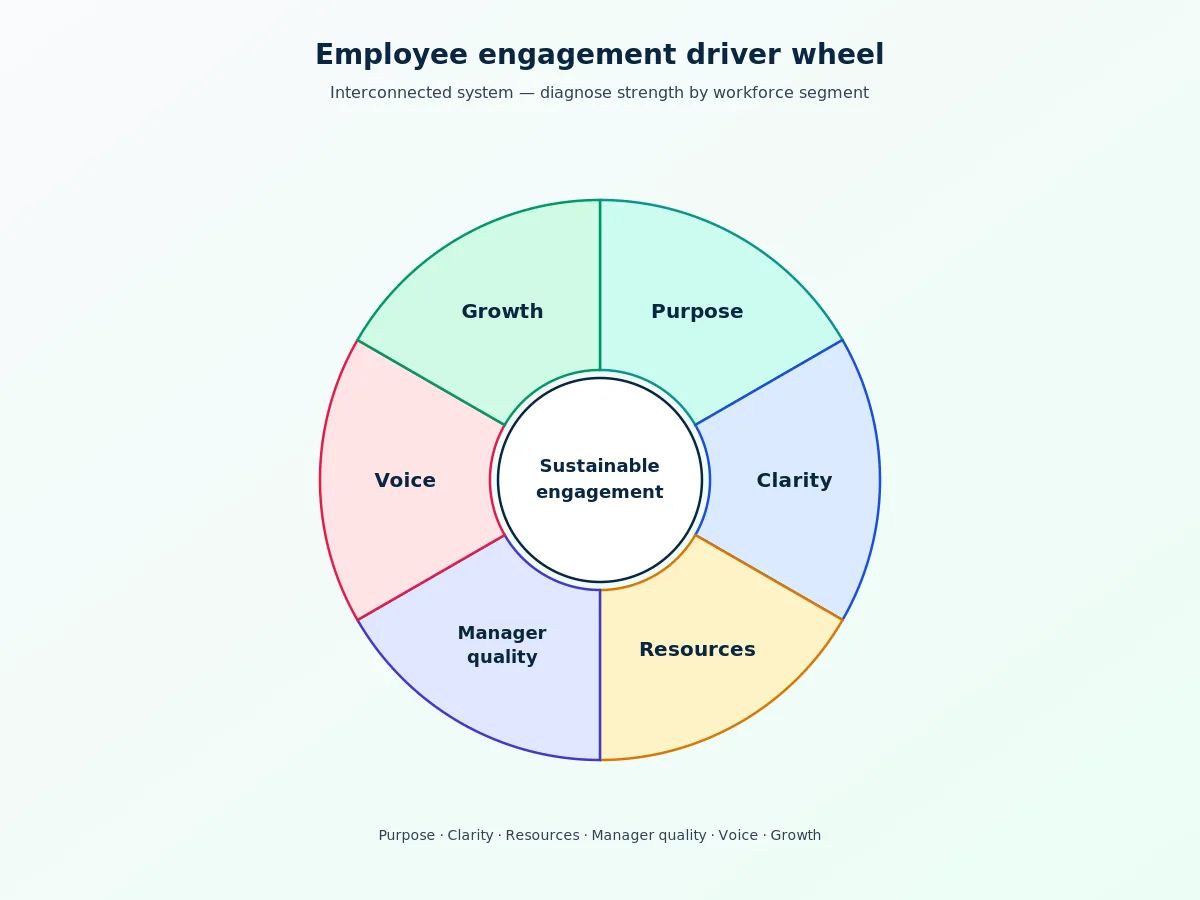 Six-part employee engagement driver wheel: purpose, clarity, resources, manager quality, voice and growth