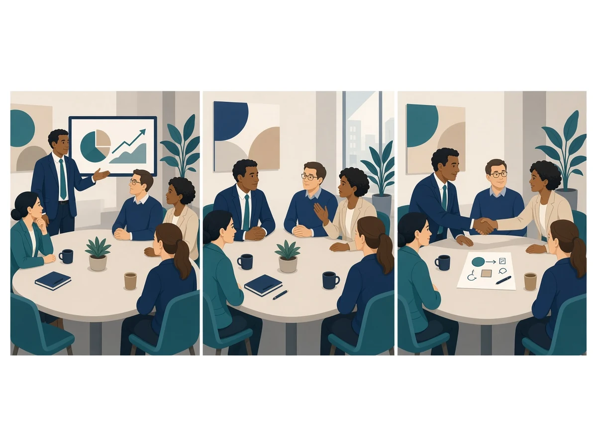 Manager moving a stakeholder meeting from recommendation through listening to an agreed pilot