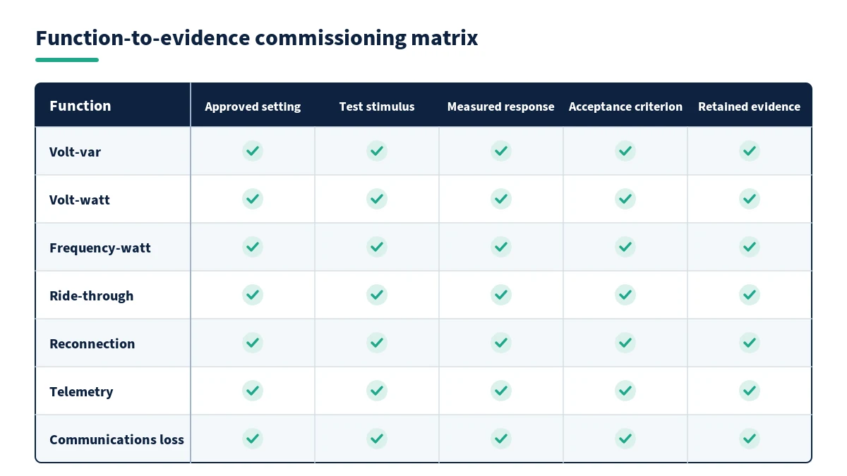Smart inverter function test and commissioning evidence matrix