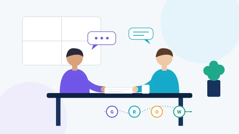 Illustration of an HR professional holding a structured coaching conversation with a colleague, with a four-stage Goal, Reality, Options and Will pathway